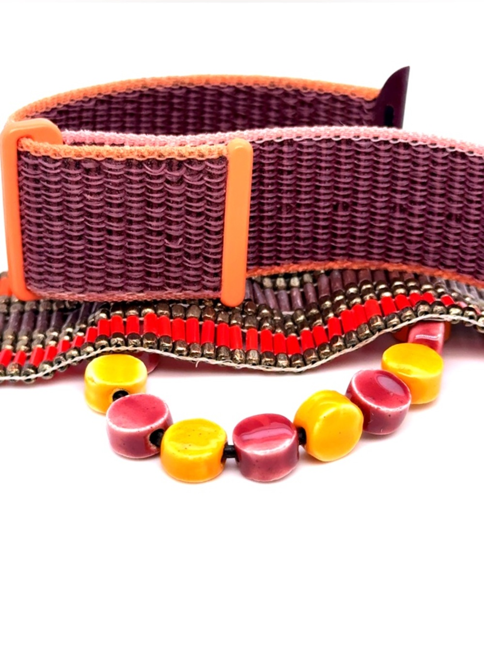 Boho Beaded Multistrand Bracelet and Watch Band‎ in Plum and Mustard (E5)
